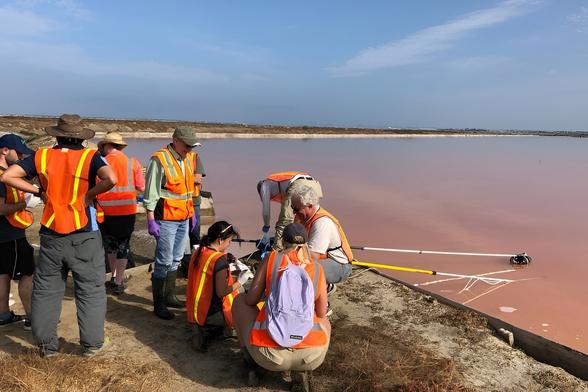 Researchers collecting samples from a body of water.