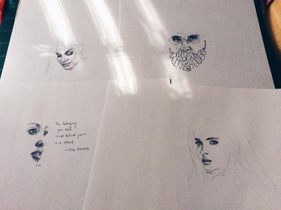 Jenny Lam's quick 2015 sketches of Rosario Dawson as Claire Temple in Daredevil, Oscar Isaac in a Star Wars x Ex Machina mashup doodle, Lupita Nyong'o as Maz Kanata in Star Wars: The Force Awakens, and Krysten Ritter as Marvel's Jessica Jones