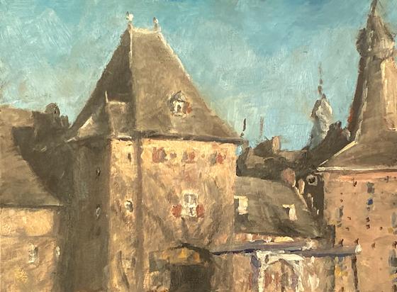 A sun lit painting of a sun lit Fassade of a castle it seems. Again, it is a quick painting and this the paint application is quite rough.