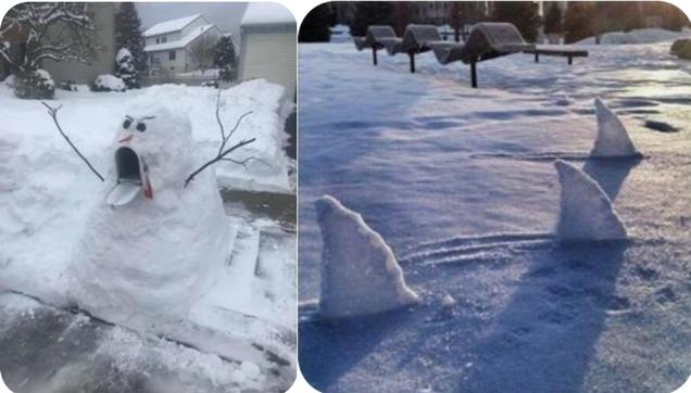 Two images.

LEFT is a snowman constructed around an open mailbox. The mailbox lid is set open to look like he is sticking his tongue out. Two branches are stuck in him, set ti look like arms raised in the air. The snowman looks like he is trying to scare someone with his mouth wide open.

RIGHT is a serene flat snowpack, interrupted by three snow sculpture shark fins. The snow is a flat and shiny on top, making it seem like sharks are swimming through the water.