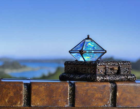 Close-up of a prismatic glass double-pyramid container resting on an intricately filigreed antique metal box on top of a brick wall, set against a soft-focus backdrop of a bright blue sky and distant landscape.