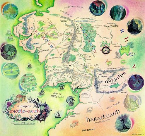 Pauline Baynes' map of Middle-Earth, from cosy Hobbiton to mountain-ringed Mordor and the smoking Mount Doom - embellished with an impressive variety of ancient sailing ships, camels, frisky horses and a trotting elephant.