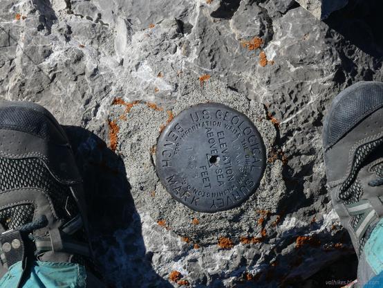 At Adams benchmark, the high point of South Egan Range Wilderness, Nevada

A metal benchmark with the usual markings is stamped "ADAMS" at the top and "1965" at the bottom. It is the year, not the feet. Two feet in Xero shoes and cheap gaters are on either side of the benchmark.
