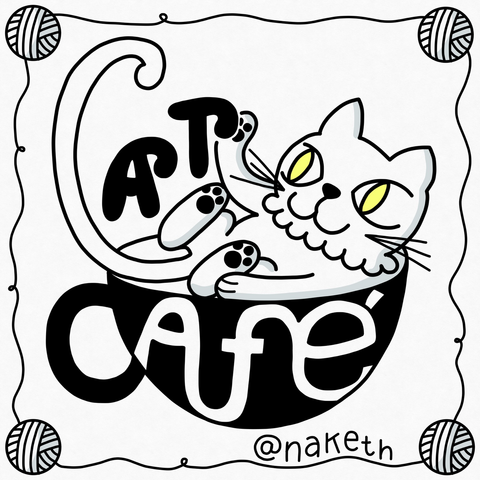 Katze liegt in der Kaffeetasse auf dem Rücken. Ihr Schwanz bildet das „C“ im englischen Wort „Cat“ für Katze. Der Henkel der Kaffeetasse bildet das „C“ im Wort „Café“.