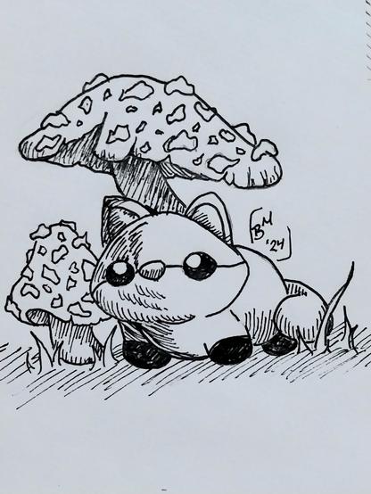 A little fox friendly rest underneath a mushroom with a smaller one beside.