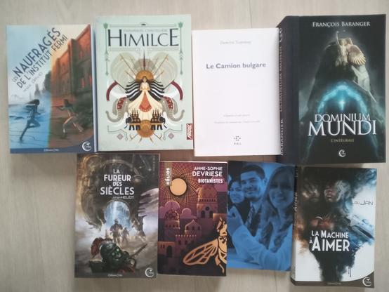 Livres : les naufragés de l'Institut Ferm,  biotanistes, himilce, le camion bulgare, dominium mundi l'intégrale cartonnée dos toilé, la fureur des siècles, tout est conforme, la machine à aimer