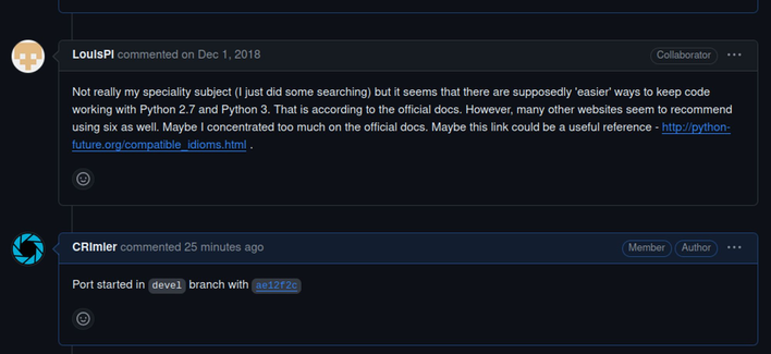 A GitHub issue comment from December 1st of 2018, talking about Python 2 to 3 code porting. Under it, a comment of mine, saying that the port has been started in a certain branch, with a certain commit.