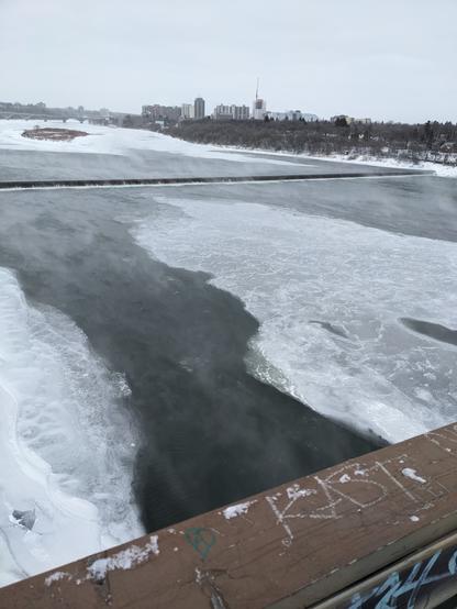 River, ice, and blowing snow