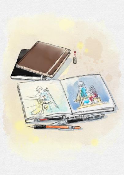 Digital watercolour drawing of my sketchbooks with pens