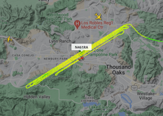 Screen capture of back and forth closely spaced flight pattern of helicopter N461RA over Thousand Oaks, CA from flightradar24.com, 1/10/24.