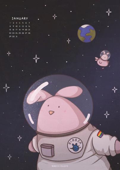 A astronaut bird in space with a planet far behind him.