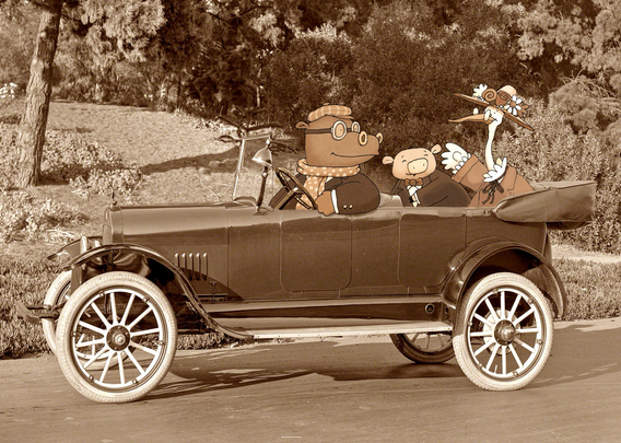 A well dressed hippo, pig and lanky bird preparing to hit the road in a vintage convertible