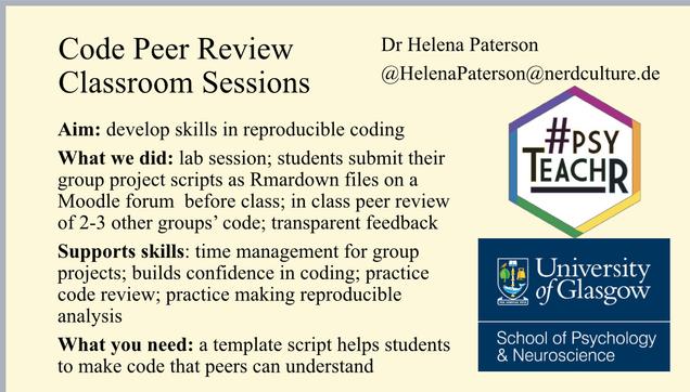 A PowerPoint slide about Code Peer Review Classroom Sessions. The text says: 

Aim: develop skills in reproducible coding
What we did: lab session; students submit their group project scripts as Rmardown files on a Moodle forum  before class; in class peer review of 2-3 other groups’ code; transparent feedback
Supports skills: time management for group projects; builds confidence in coding; practice code review; practice making reproducible analysis
What you need: a template script helps students to make code that peers can understand