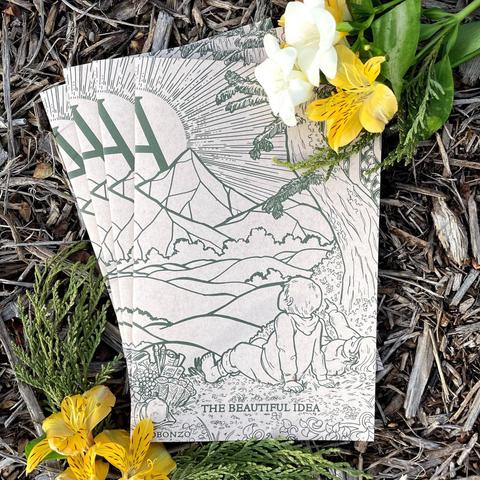 A photo of copies of “The Beautiful Idea,” a comic by @nobonzo, lying on the ground surrounded by evergreen branches and flowers.