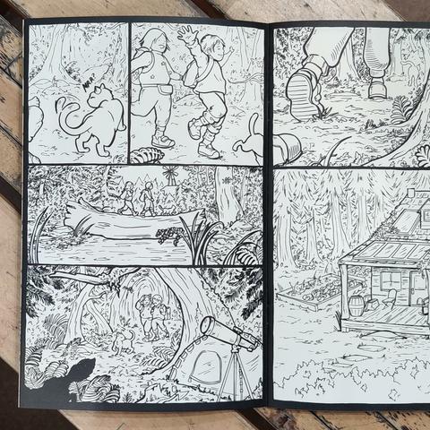 A photo of an open copy of the comic shows panels in which two children are led through the forest by a cat. In one panel they cross a stream on a fallen log. In another they pass a tent with a telescope on a tripod.