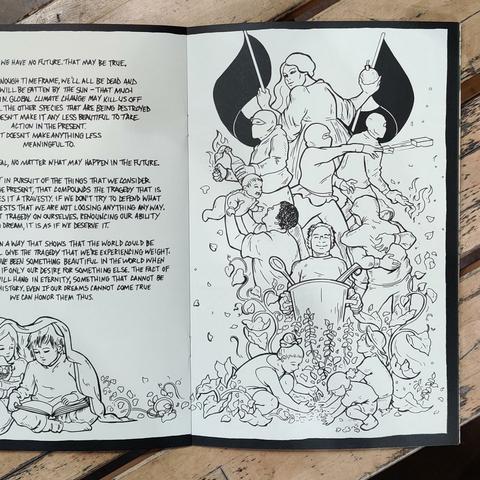 A photo of an open copy of the comic shows a full page illustration of people engaged in rebellious and communal activities, including gardening, cooking, child care, shared grief, and rioting. A figure with long hair and a dress at the top of the illustration holds a black flag in one hand and an explosive in the other.