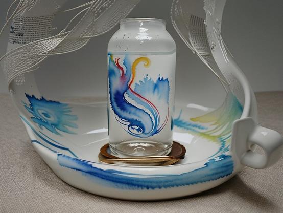 A ceramic plate with a mug handle, white with blue and red paint swirls, with a matching glass jar.  Rough woven white cloth rises from the piece.