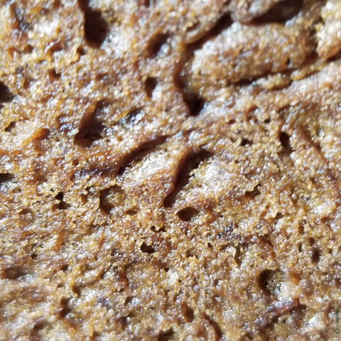 The beautifully browned bottom of a loaf of acorn squash bread.