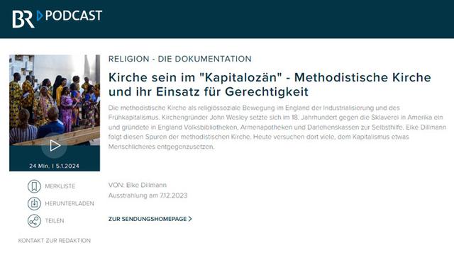 Das Bild zeigt die Internetseite des Bayerischen Rundfunks, mit dem Link zum Radiobeitrag von Elke Dillmann. Titel: »Kirche im ›Kapitalozän‹«. Abgebildet ist der afrikanische Chor der internationalen evangelisch-methodistischen Gemeinde München Peace Church.