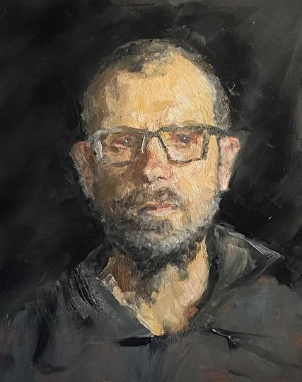Rough painting showing a very yellow face with glasses and very short hair. The angle is en face