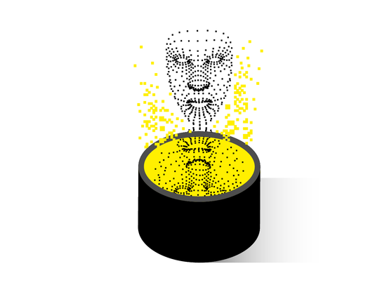 an abstract illustration in black and yellow of a pixelated face being mirrored