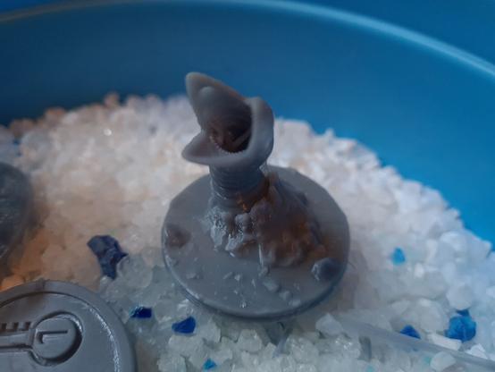 Photo. Small grey resin model of a "Dune" sandworm. Sitting atop silica gravel in a blue tub.