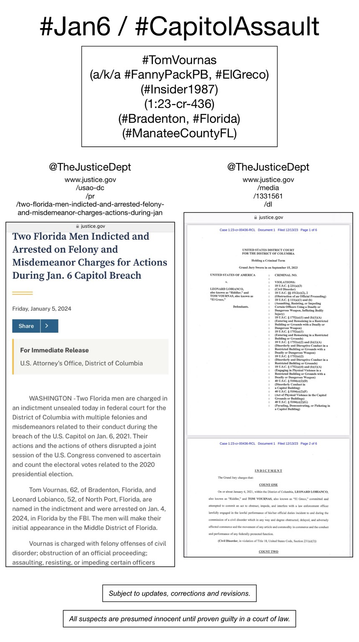 Screenshot of Justice Dept. press release and page from court document, both pertaining to January 6th riot suspect Tom Vournas (Bradenton, Florida).