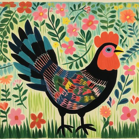 AI-produced image of a wild jungle fowl as it might have been painted by Maud Lewis, full of color and surrounded by flowers