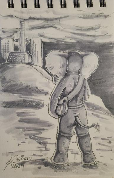 A scene of a small anthro elephant names Pizlo, on a coastline/beach, back to the audience facing upland where large buildings sit. The sky is cloudy and part of the building structure goes into and above the clouds. Pizlo is wearing some simple shorts with a small opening that his tail comes out in the back, with a clasp that goes over his tail. He holds the bag portion of a satchel in one hand while it is also strapped over his shoulder. You can see a small bit of his trunk behind his ears.