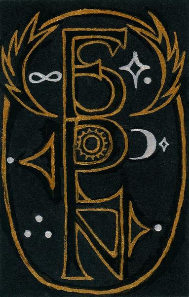 A sigil formed of overlapping letters in black and gold, inside a gold-outlined oval, with gold wings, a waxing crescent silver moon, silver stars, and a silver infinity symbol.