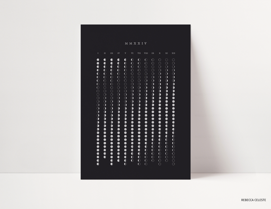 A black minimalist one-page calendar with the lunar phases of 2024. The year 2024 is written as MMXXIV and is in white.