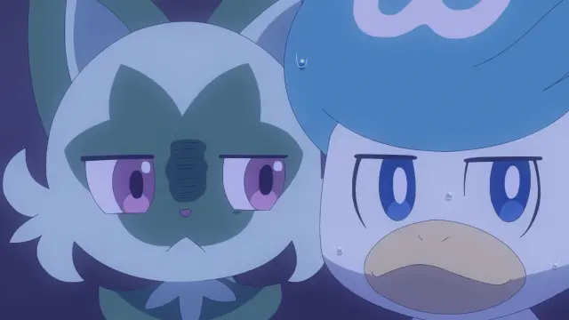 Screenshot from Pokemon Horizons showing Sprigatito looking at Quaxly as if suspecting something, while Quaxly is looking to the side.