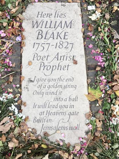 gravestone of William Blake, surrounded by flowers