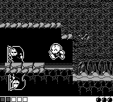 Screenshot from Hermano by Pat Morita Team, showing the protagonist Nano the undead hovering above the intersection of the living world and the underworld as two grim reapers stand on both sides of the horizontal platform to Nano's left.