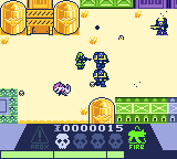 Screenshot from Imperium Strike Force by Orlando Mee, showing three of the four surviving soldiers standing in a box formation in the center as a pink dinosaur-like creatures passes by them and an enemy soldier is firing in the upper right corner of the screen.