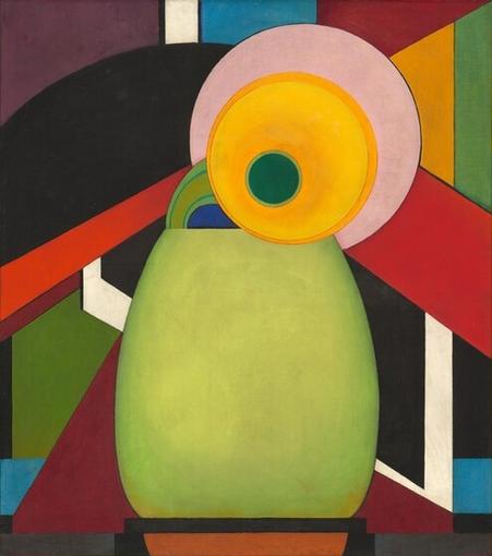 A painting by Edward Steichen showing an abstract representation of a sunflower in a bright green vase. It is painted in flat, vivid colors with bright red, yellow, and green lines and offset by black spaces.
