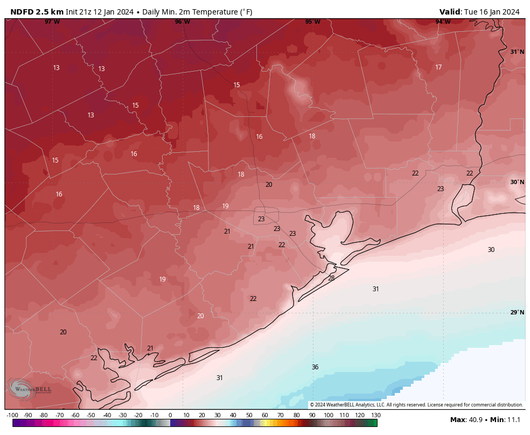 Forecast low temperatures for Tuesday morning. (Weather Bell)