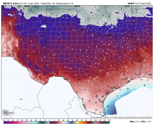 Low temperature forecast for Tuesday morning. (Weather Bell)