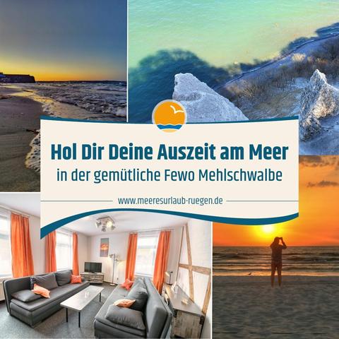 4 Fotos, 3x Ostseestrand + 1 Wohnung, in der Mitte Text: Hol Dir Deine Auszeit