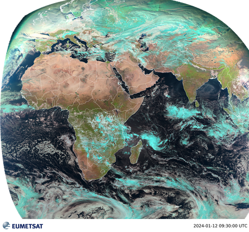 An image from a geo-stationary satellite showing cloud formations over Africa Europe and part of Asia
