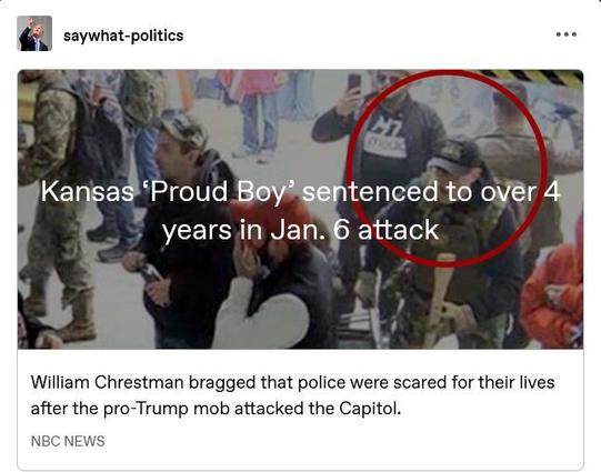 meme from saywhat-politics:
Kansas 'Proud Boy' sentenced to over 4 years in Jan.'6 attack. William Chrestman bragged that police were scared for their lives after the pro-Trump mob attacked the Capitol.

NBC NEWS