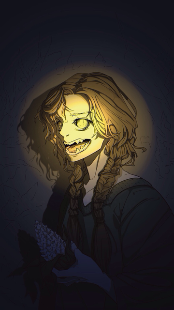 A young woman with messy braids and bright yellow eyes. A flashlight is pointed at her face and sharp teeth getting visible. She's holding a corncob which is also filled with teeth instead of corn.