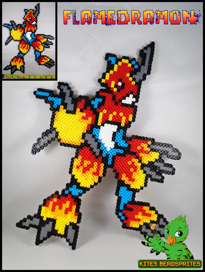 A photo of a hand made pixel art craft. Perler melty-beads are assembled into the shape of a Flamedramon (a Digimon), a anthro blue scalie character with armor that has flame designs on the armor.