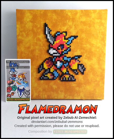 A photo of a hand made pixel art craft. Perler melty-beads are assembled into the shape of a Flamedramon (a Digimon), a anthro blue scalie character with armor that has flame designs on the armor.