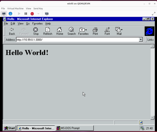 Internet Explorer 3.0 running in Windows 95 showing a Hello World! web page