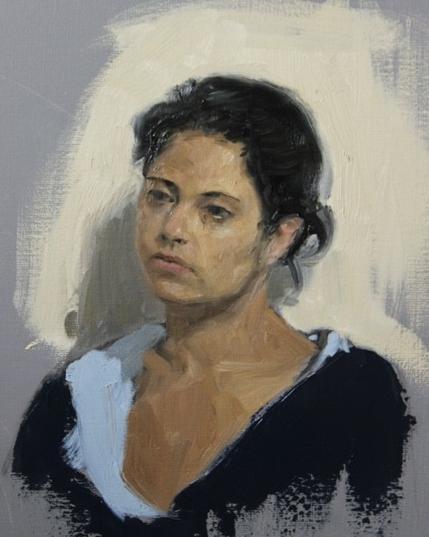 Oilpainting of a woman sitting in front of a white wall. The painting is made on a gray ground which is still largely visible