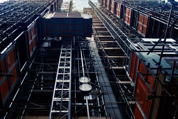 Scaffolding and construction lifts on Peterborough Court off Fleet Street.