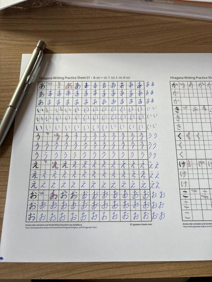 A letter practise sheet for the Hiarana letters a/i/u/e/o and ka/ki/ku/ke/ko.