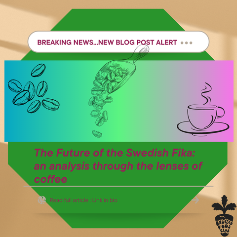 An illustration of coffee beans and a cup of coffee. The text says: "Breaking news... New blog post alert!"

The title is "The Future of the Swedish Fika: an analysis through the lens of coffee"