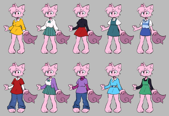 Pink catgirl Unie in various different outfits